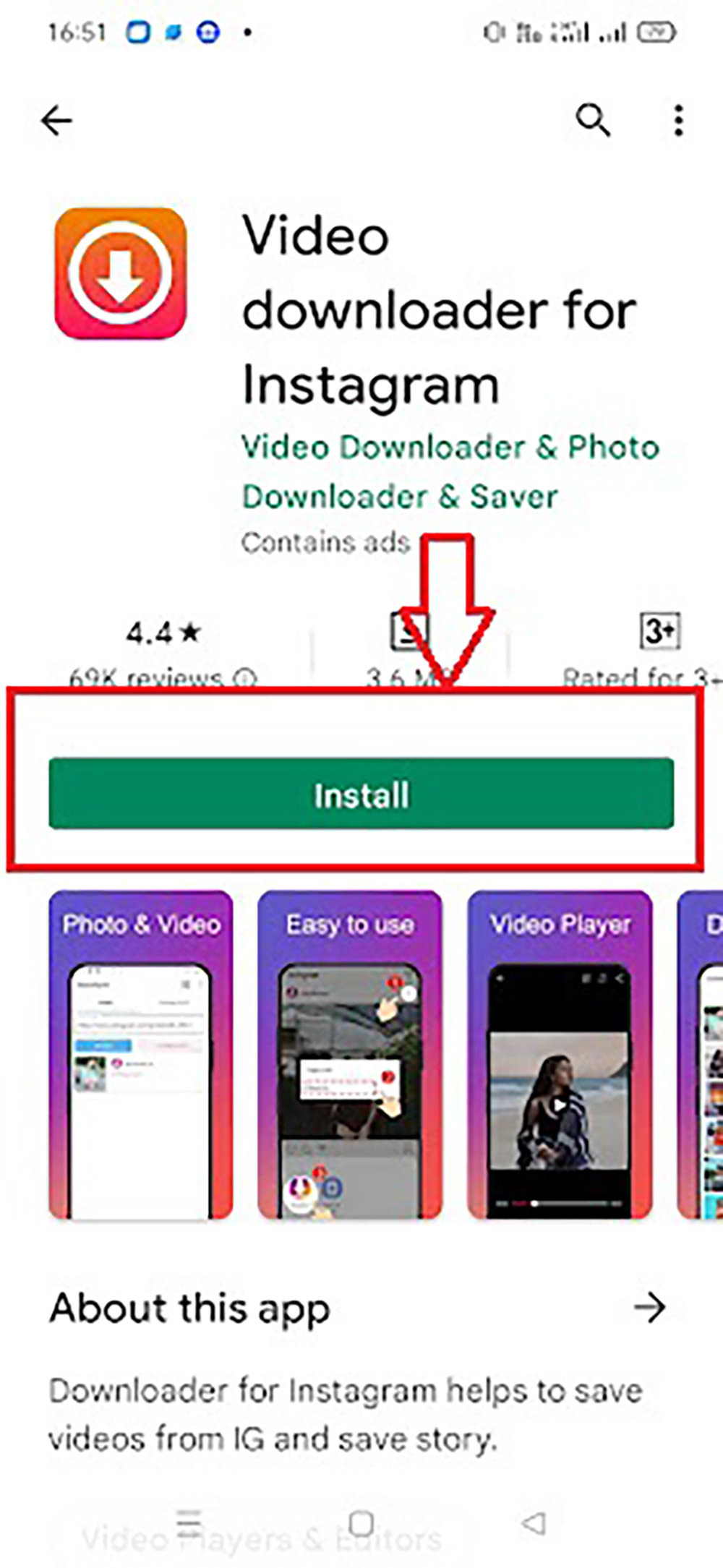 Downloading Instagram Reels using the Video Downloader app on Android