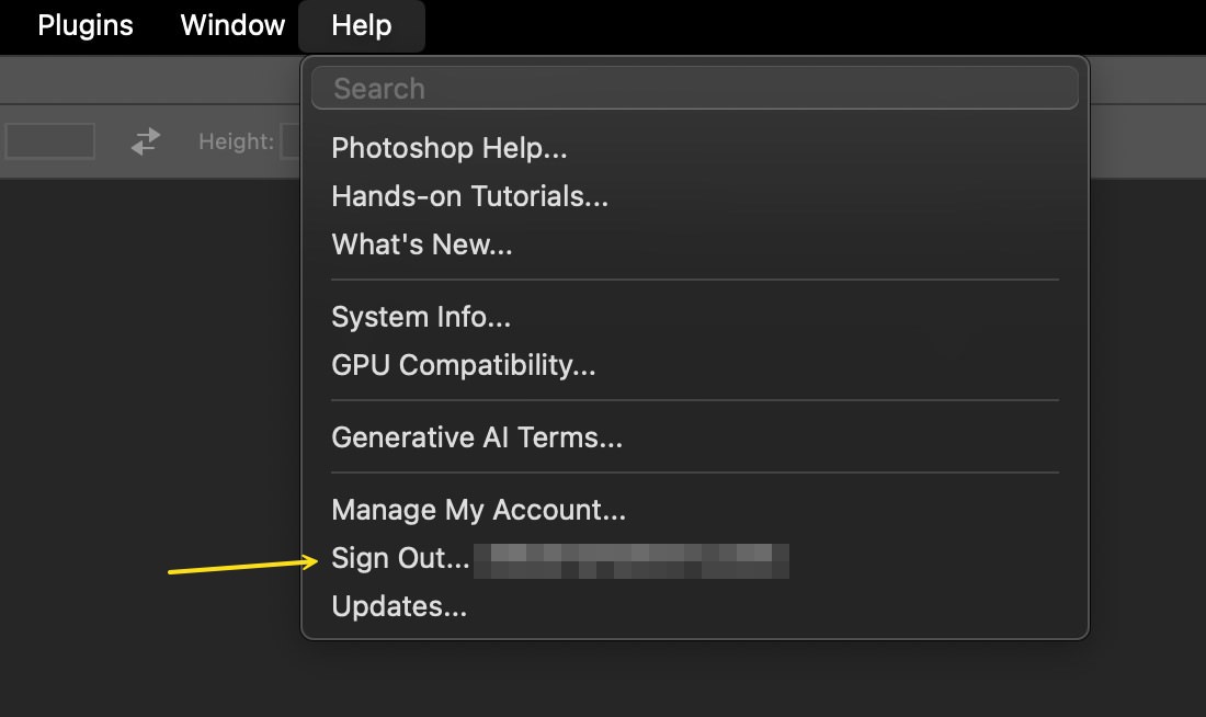 Photoshop showing user signed in