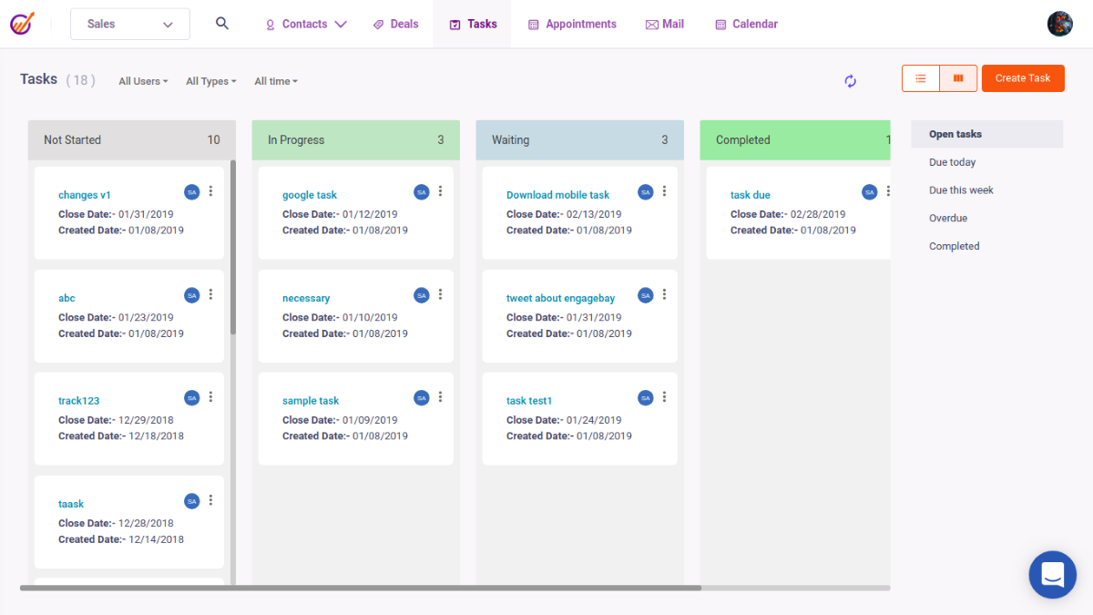 EngageBay features kanban boards