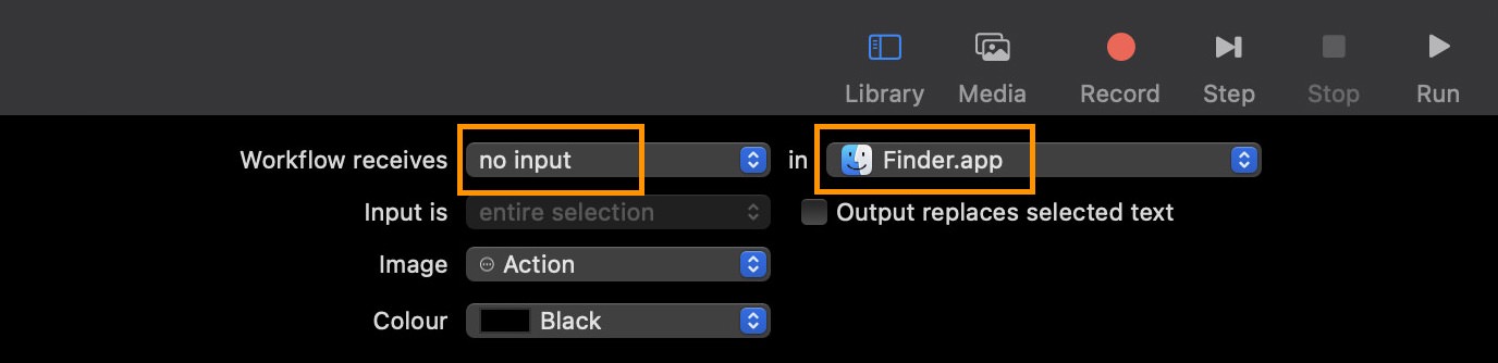 Setting no input and Finder options in Automator