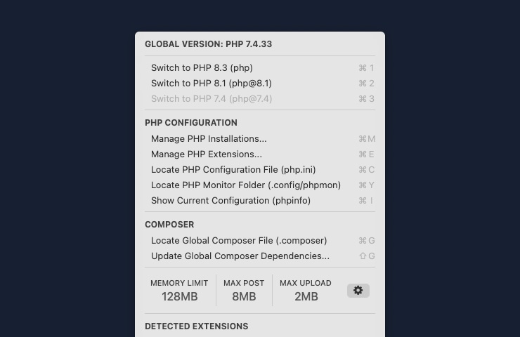 PHP Monitor UI showing available PHP versions