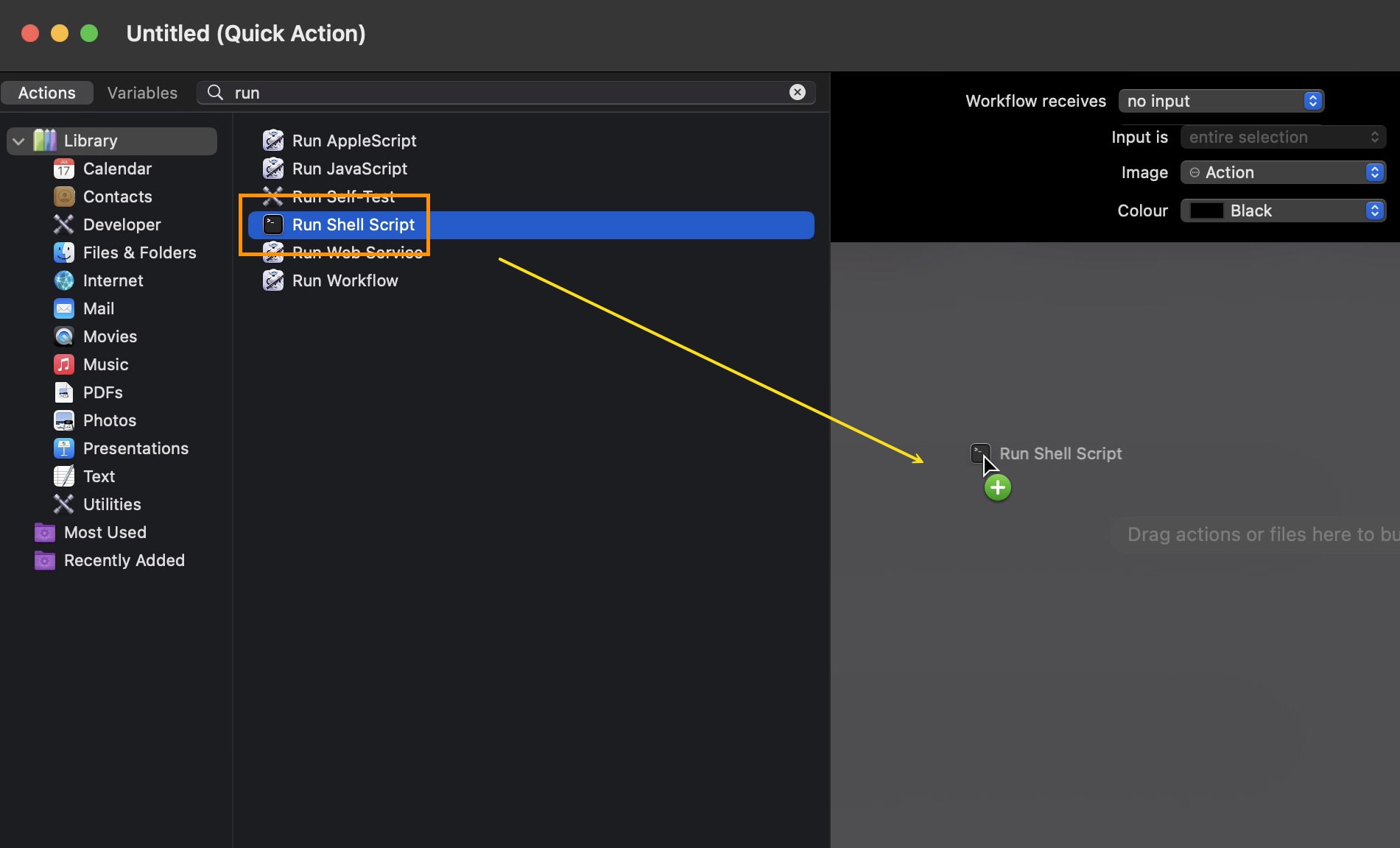 Adding Run Shell Script action in Automator