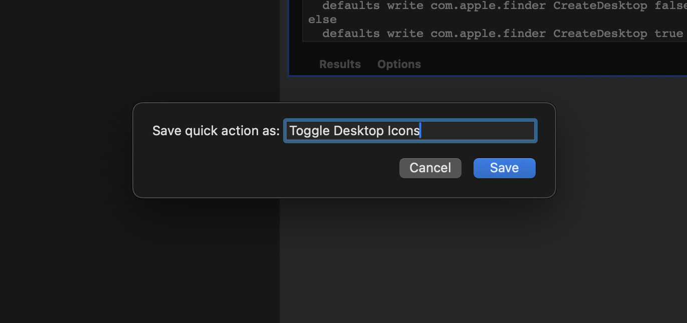 Saving Quick Action as Toggle Desktop Icons in Automator