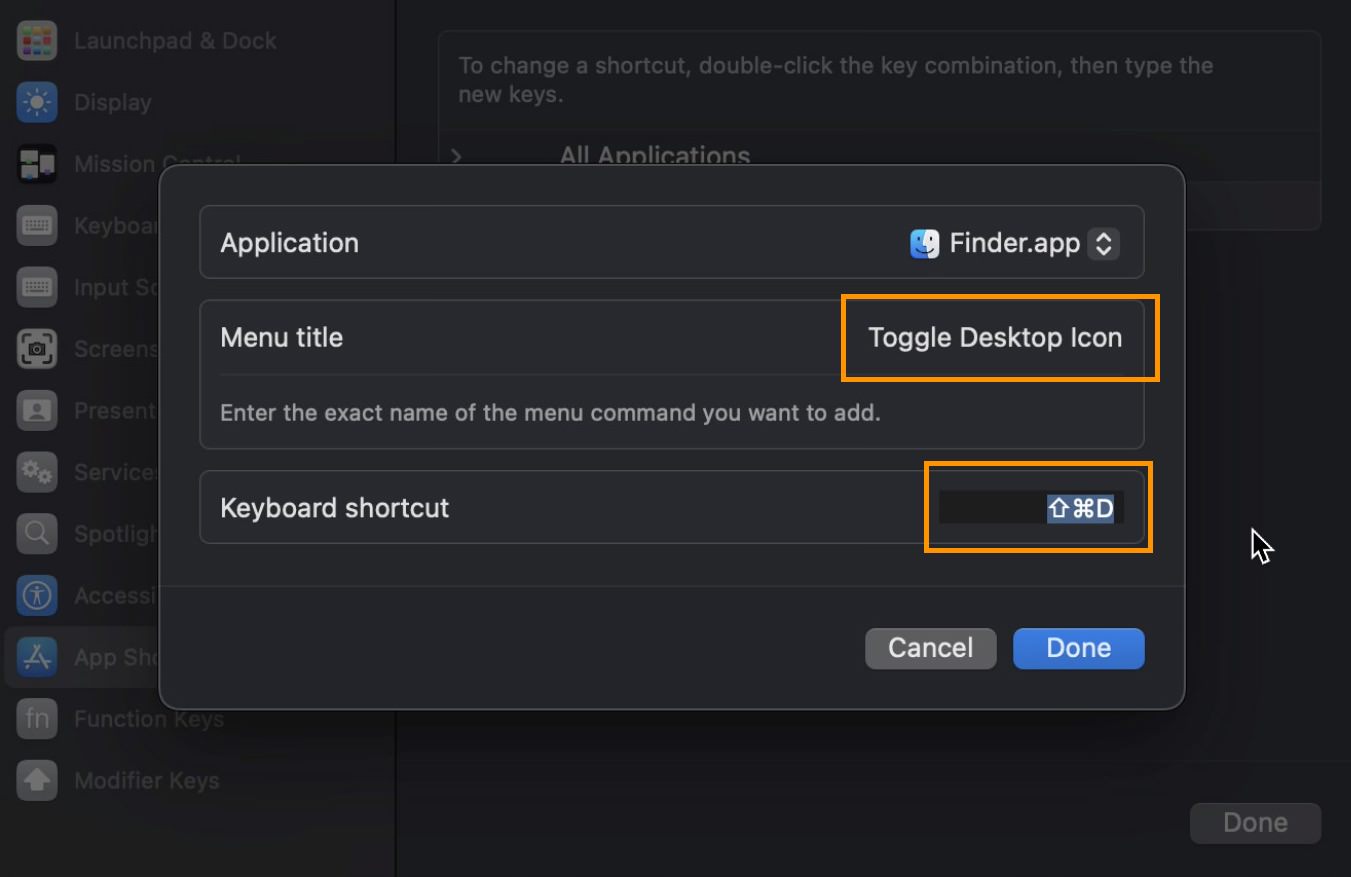 Assigning a keyboard shortcut to Toggle Desktop Icons in macOS